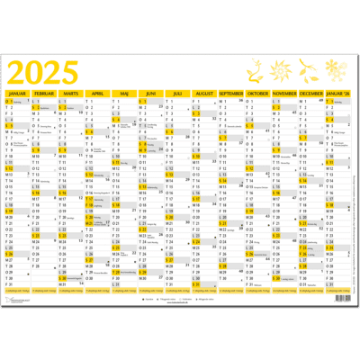 A2 vægkalender 2025 + januar 2026, gul