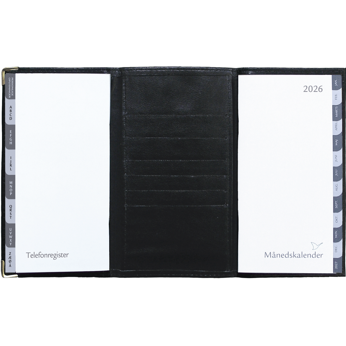 Månedskalender 2026 i 3-fløjet sort kunstlæder